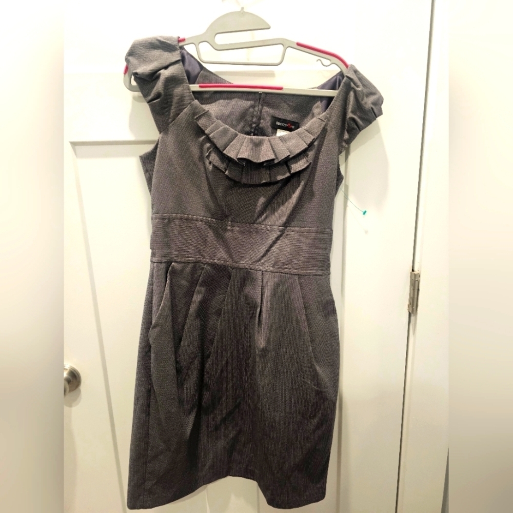 Teeze Me Gray Ruffle Neck Pinstripe Dress with Belt - Size 9